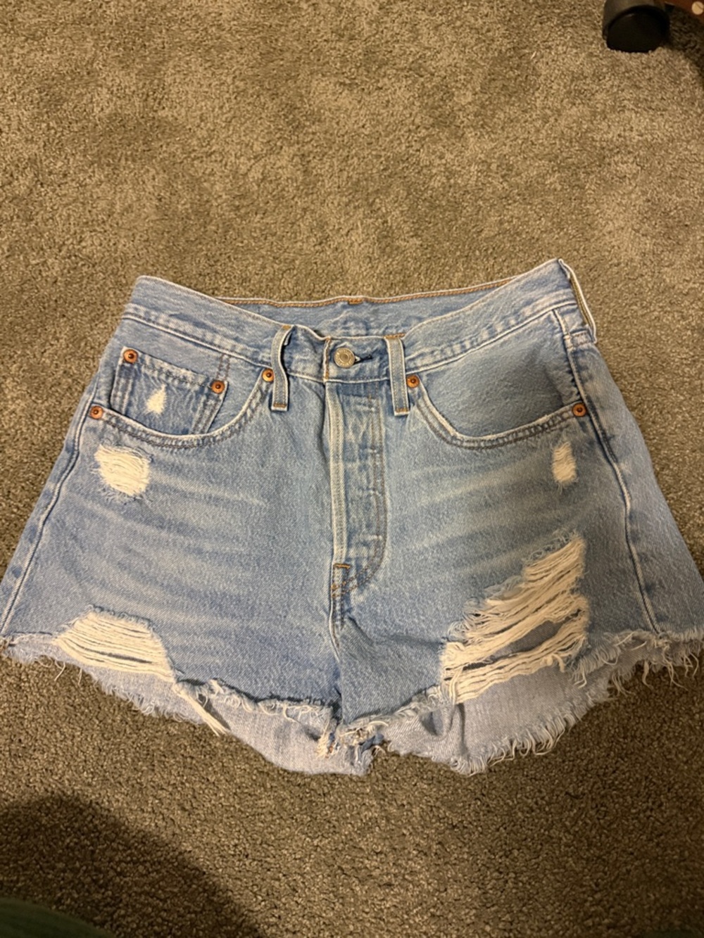 Levi's Light Blue Distressed High-Rise Denim Shorts